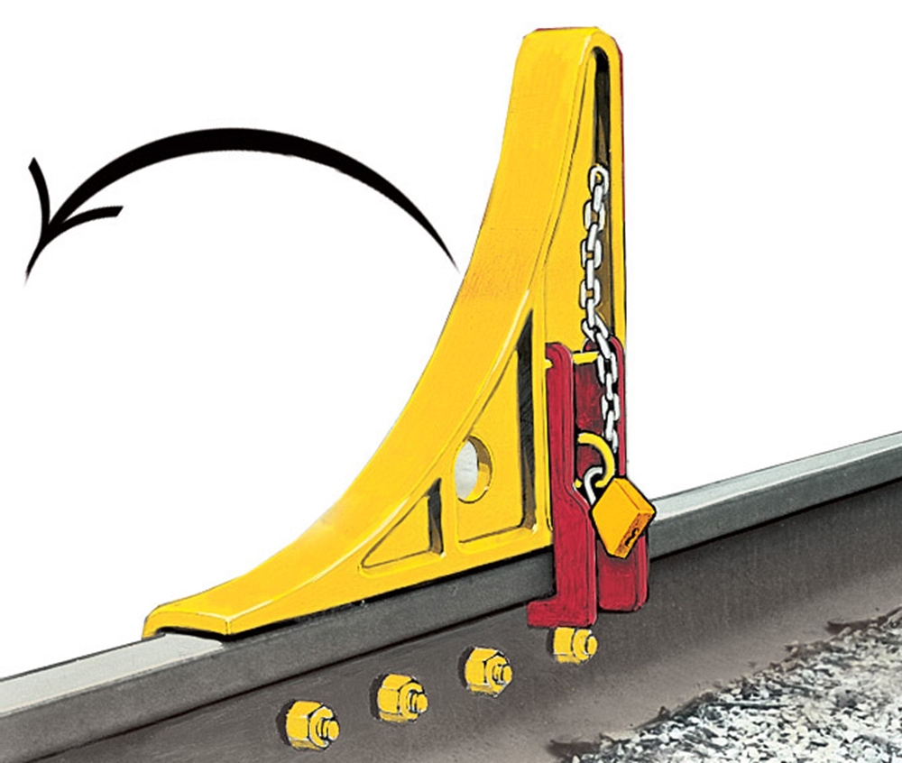 CS-3X Hinged Locking Left Hand Car Stop
Car Stops for flat track only and must be used in pairs.  Folds away from rail to outside of track.  Equipped with padlock for locking in upward/lowered position.  Rails 60lbs and up.  Weight 94lbs.
